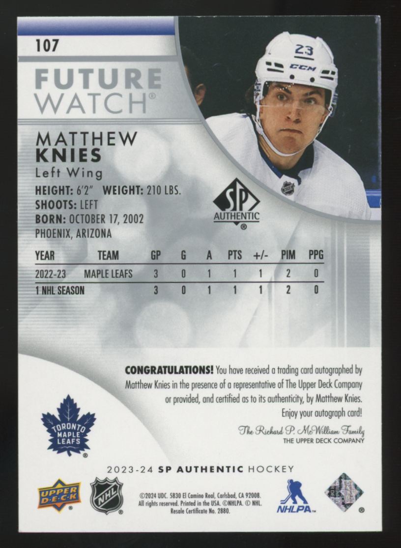 2023-24 UD SP Authentic Matthew Knies RC Future Watch Inscribed Auto /999 *Read*