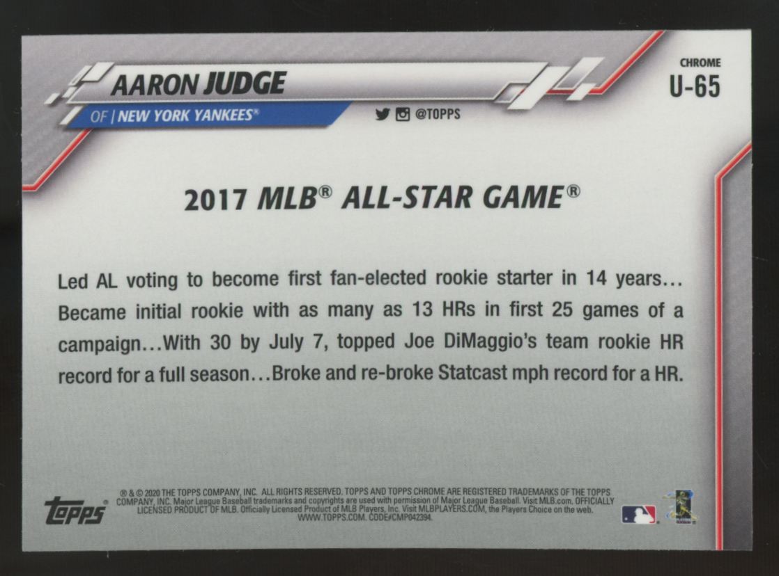 2020 Topps Chrome Update Aaron Judge All Star Pink Wave Refractor #U-65