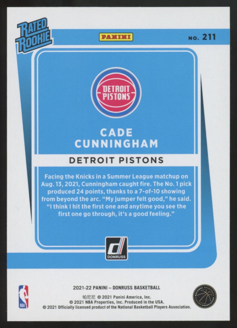 2021-22 Donruss Cade Cunningham RC Rated Rookie Teal Holo Laser #211
