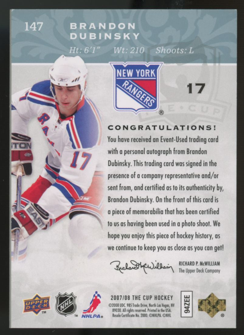 2007-08 Upper Deck The Cup Brandon Dubinsky RC Patch Auto RPA /249 #147