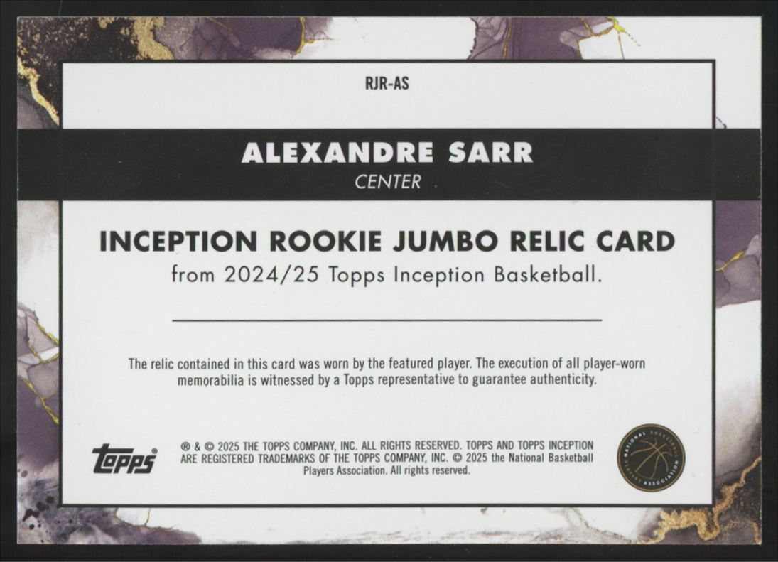 2024-25 Topps Inception Alexandre Sarr RC Blue Jumbo Patch /25 #RJR-AS
