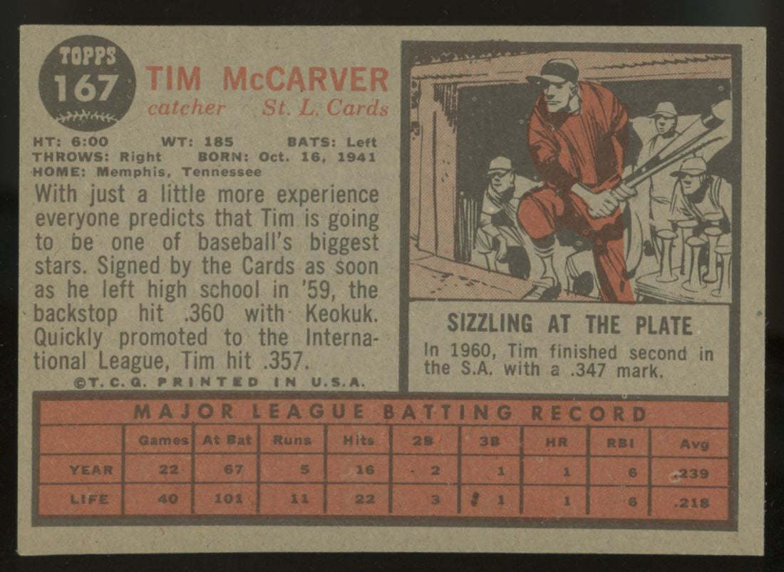 1962 Topps Tim McCarver RC #167 EX