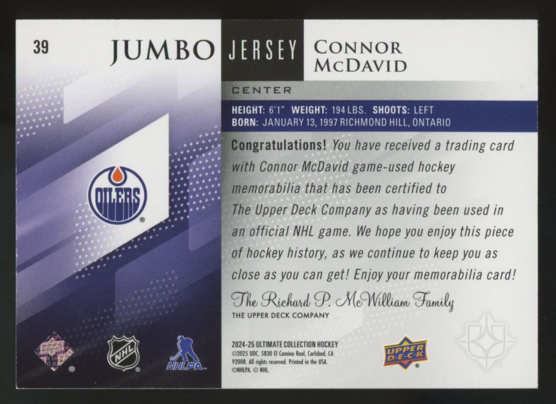 2024-25 Ultimate Collection Connor McDavid Jumbo Jersey Patch /199 #39
