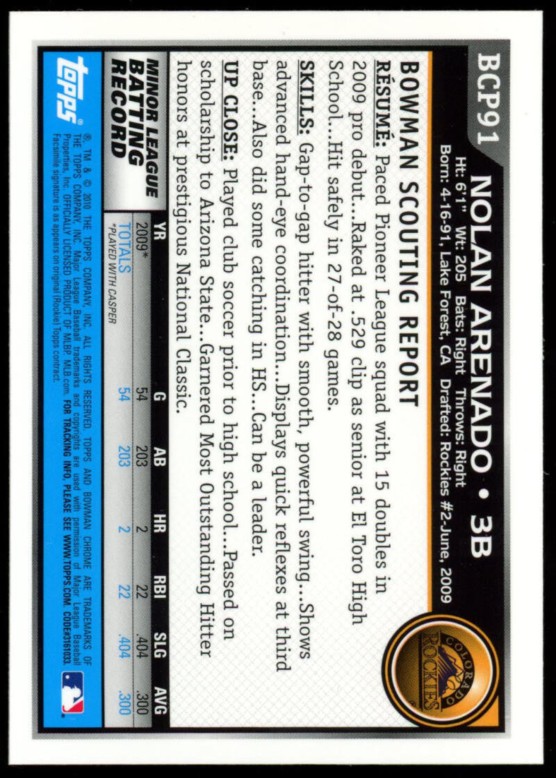 2010 Bowman Chrome Nolan Arenado 1st Bowman Card #BCP91