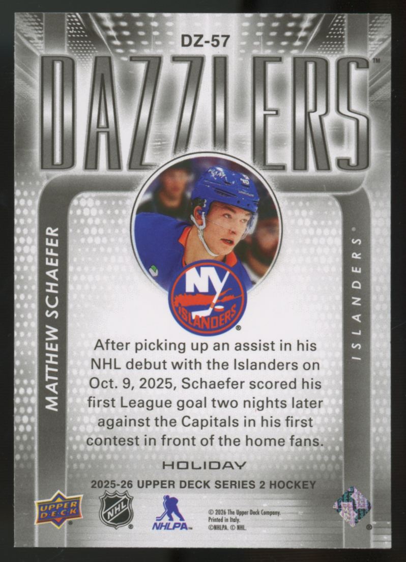 2025-26 Upper Deck Series Two Matthew Schaeffer RC Dazzlers Holiday #DZ-57