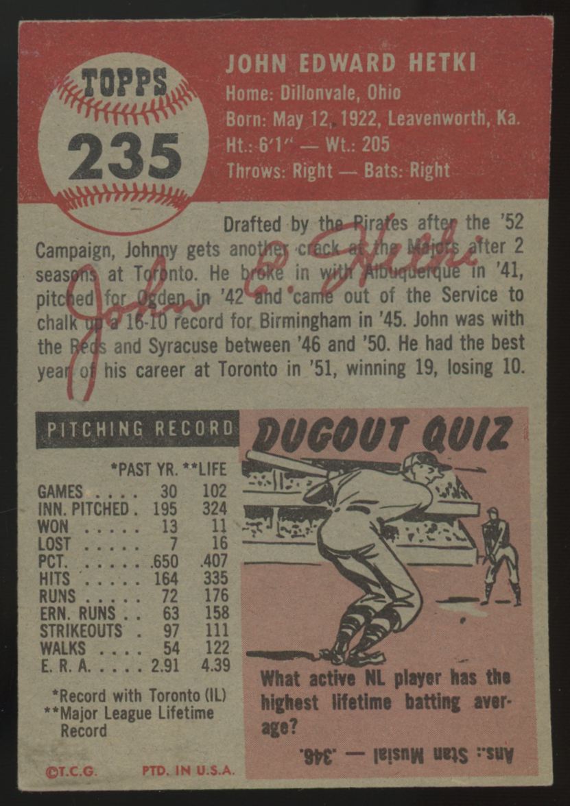 1953 Topps John Hetki #235 EX/MT