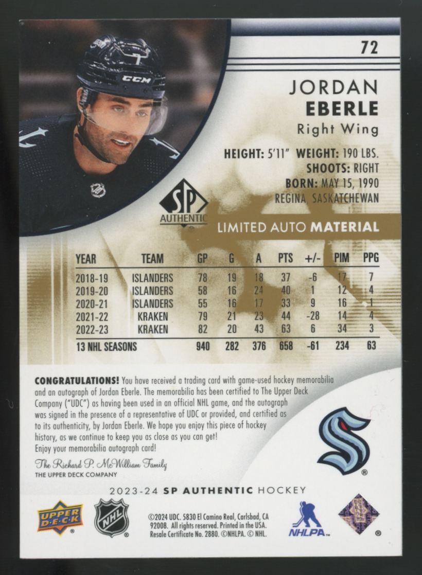 2023-24 Upper Deck SP Authentic Jordan Eberle Limited Patch Auto /100 #72