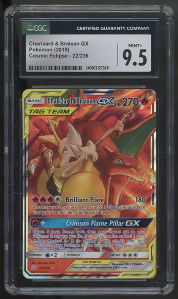 2019 Pokemon Charizard & Braixen GX Cosmic Eclipse Holo #22 CGC 9.5