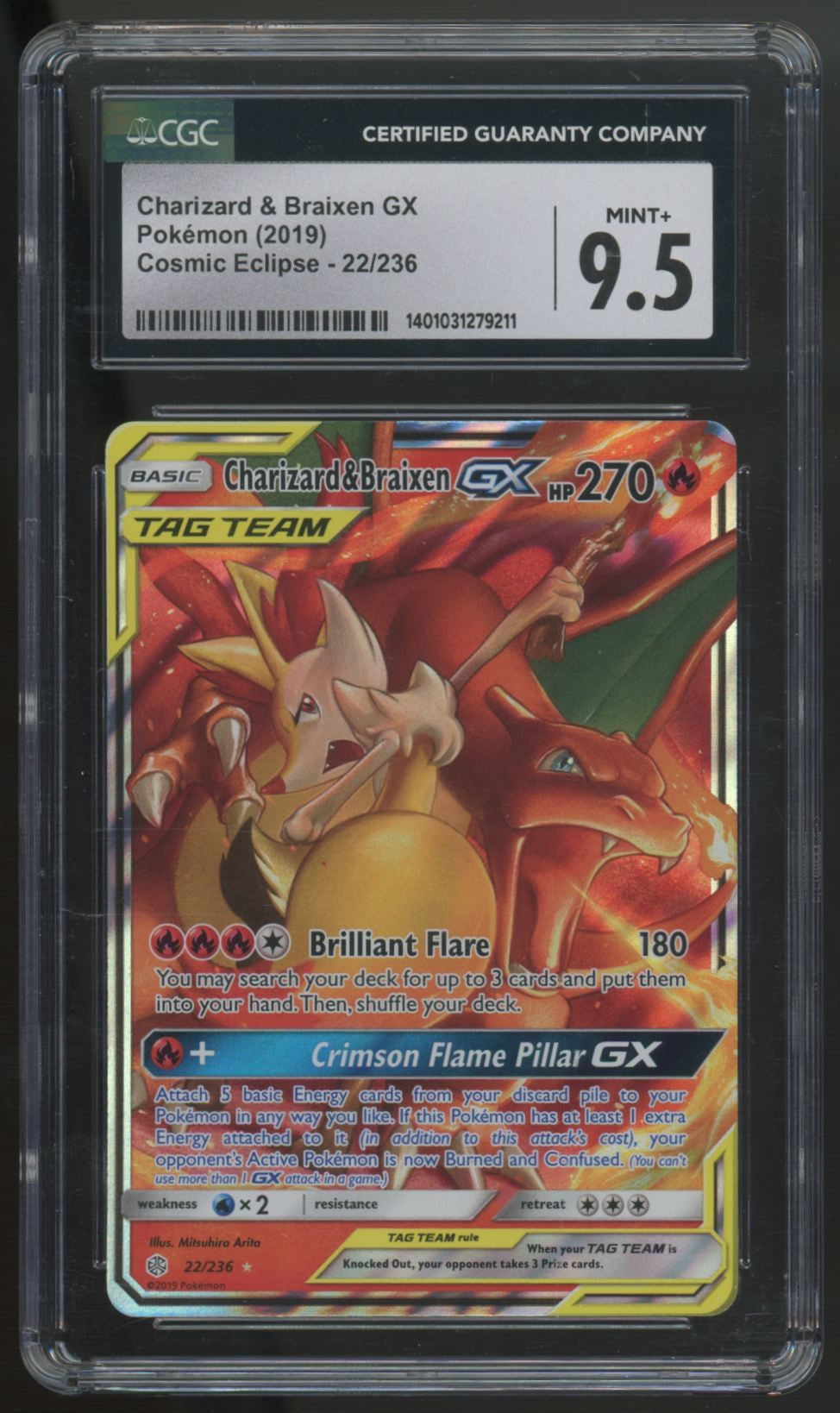 2019 Pokemon Charizard & Braixen GX Cosmic Eclipse Holo #22 CGC 9.5