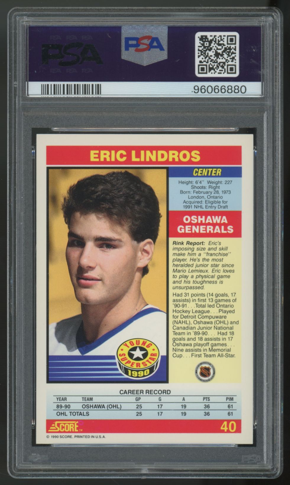 1990-91 Score Eric Lindros RC Young Superstars #40 PSA 9