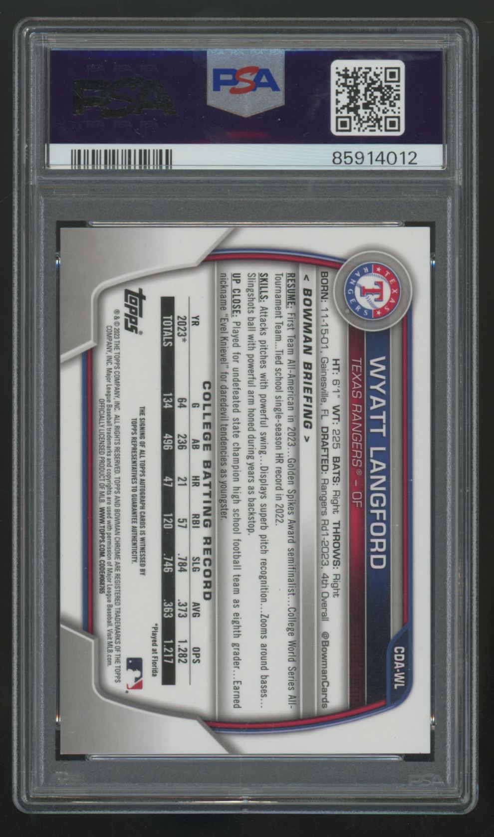 2023 Bowman Chrome Draft Wyatt Langford 1st Prospect Auto #CDA-WL PSA 10