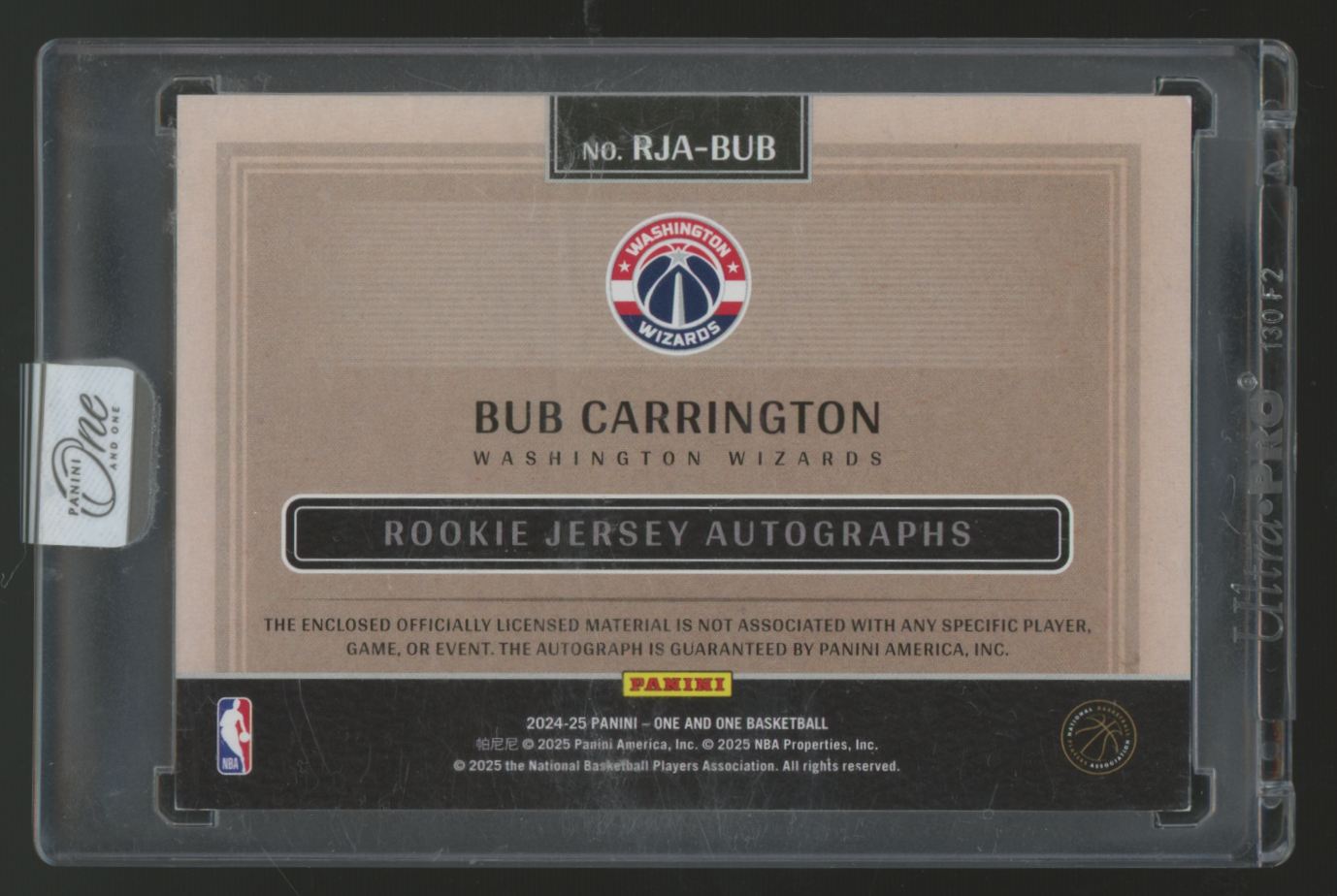 2024-25 Panini One And One Bub Carrington RC Jersey Purple Patch Auto RPA /35