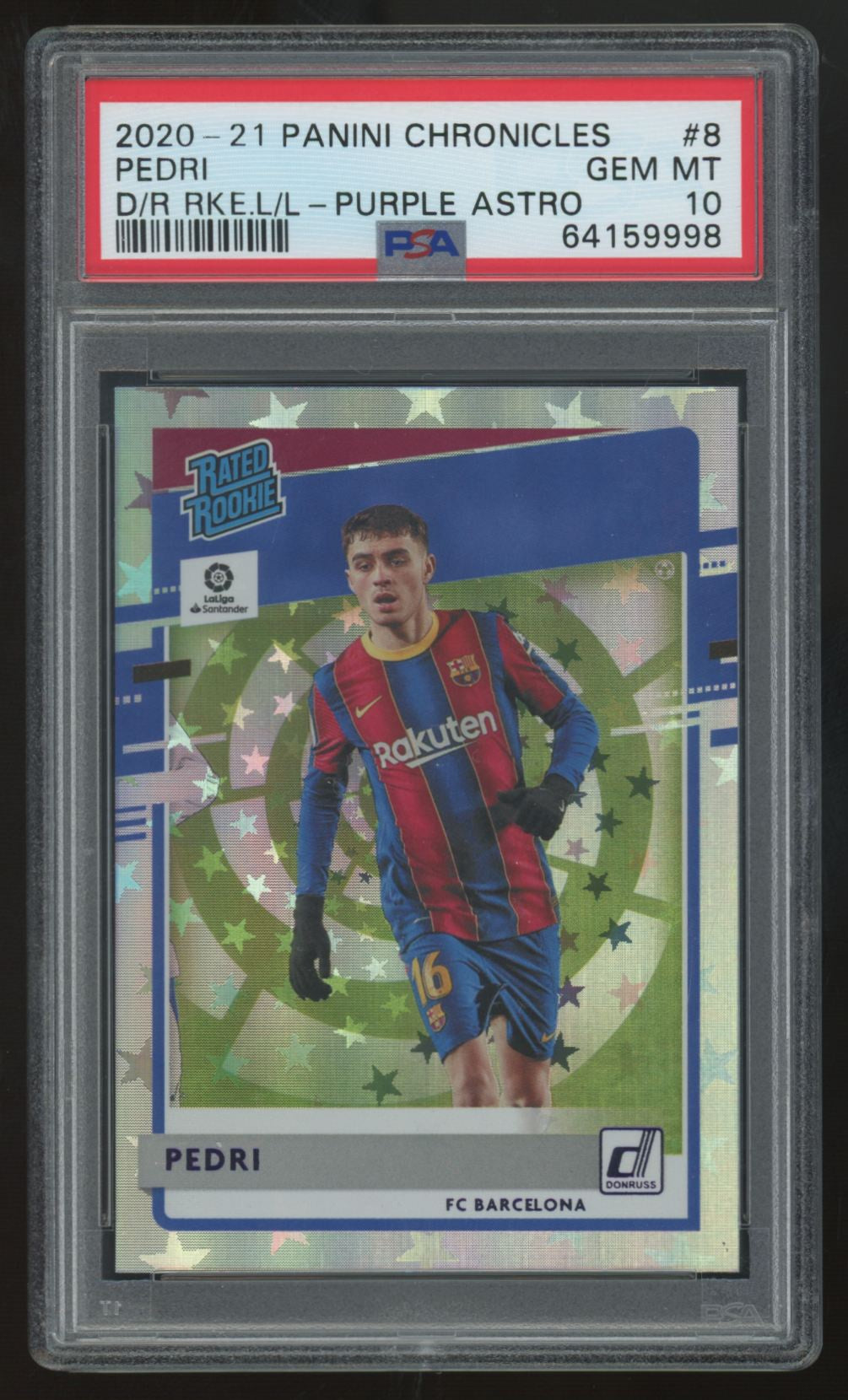 2020-21 Panini Chronicles Donruss Pedri RC Rated Rookie Purple Astro #8 PSA 10