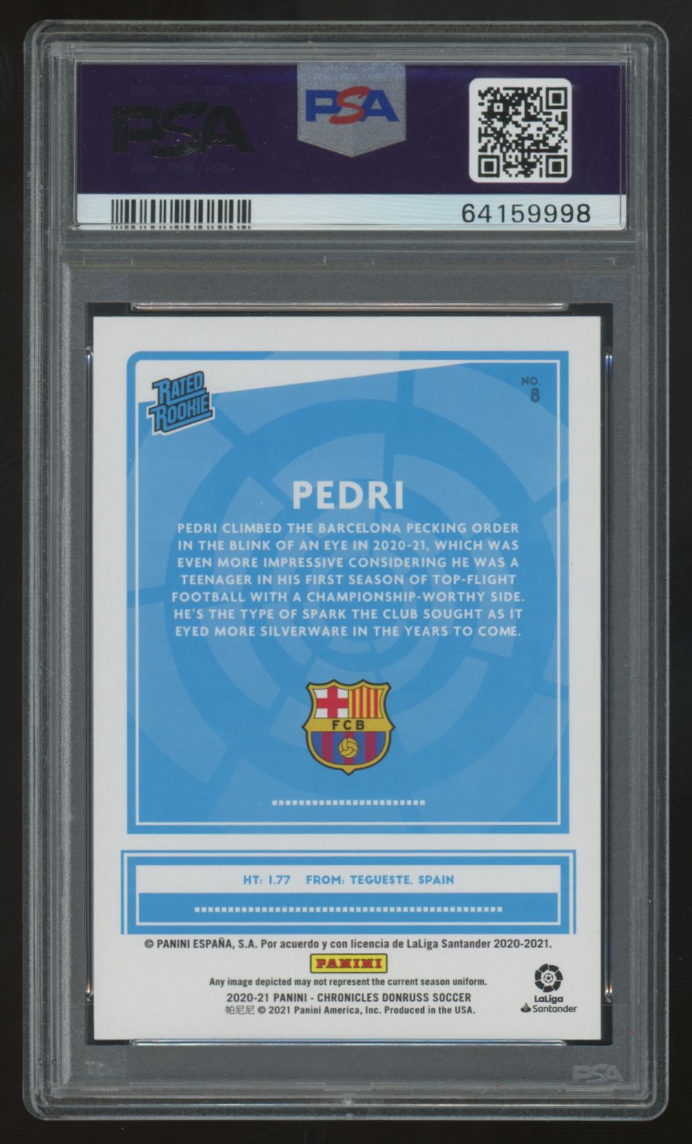 2020-21 Panini Chronicles Donruss Pedri RC Rated Rookie Purple Astro #8 PSA 10