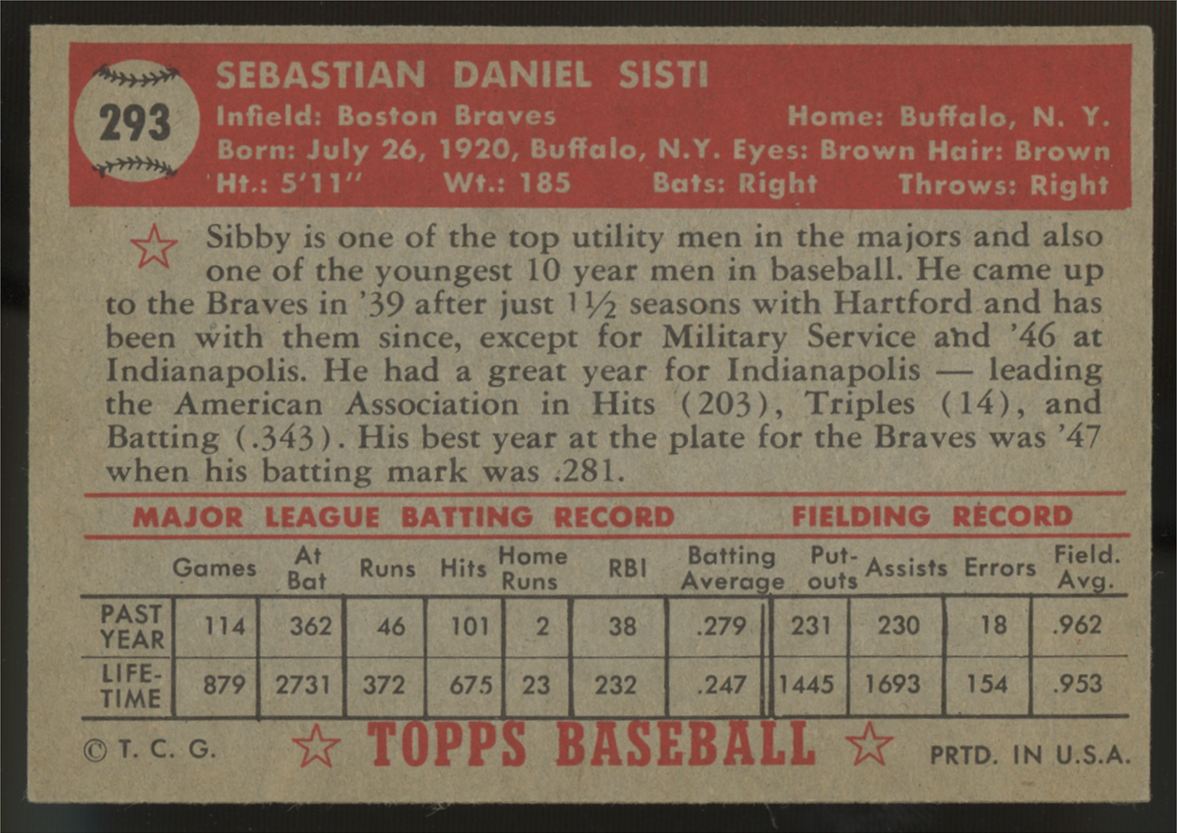 1952 Topps Sibby Sisti #293 EX - EX/MT