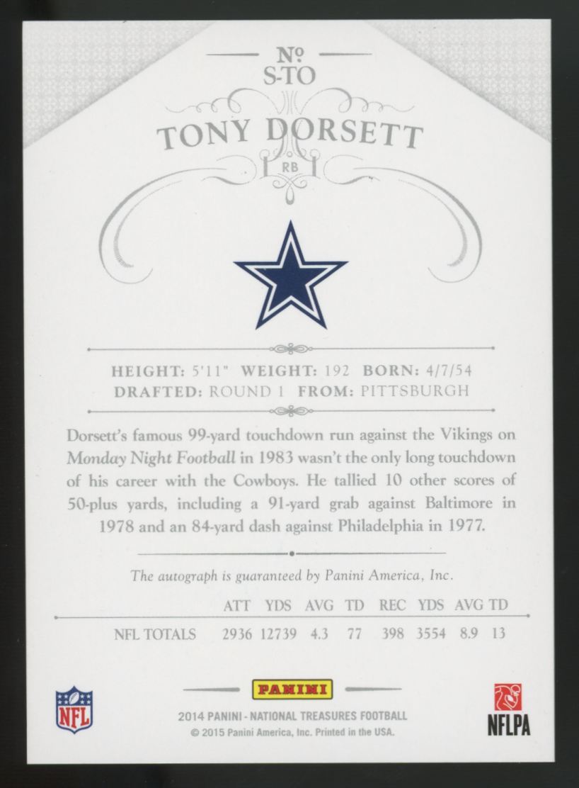 2014 National Treasures Tony Dorsett Silver Auto /15 #S-TO