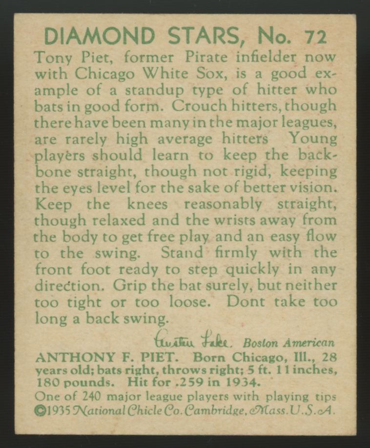 1935 National Chicle "Tony" Piet Diamond Stars #72 NM