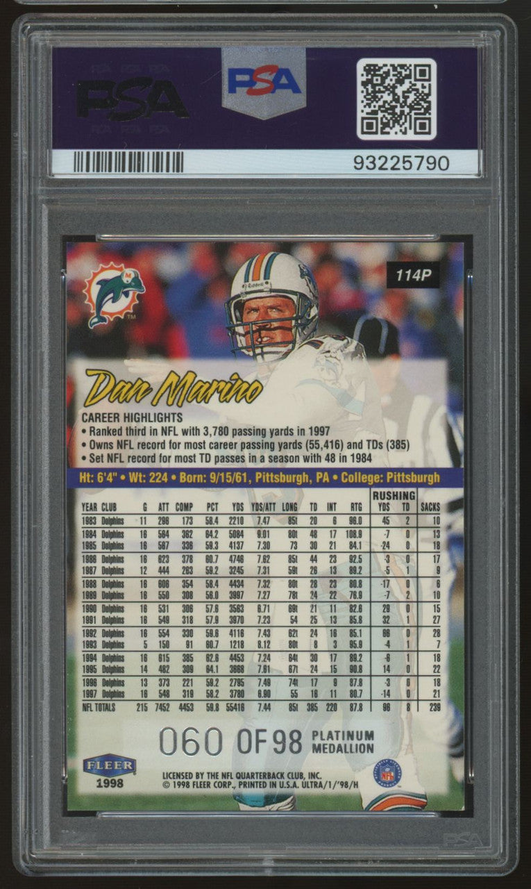 1998 Fleer Ultra Dan Marino Platinum Medallion /98 #114P PSA 8