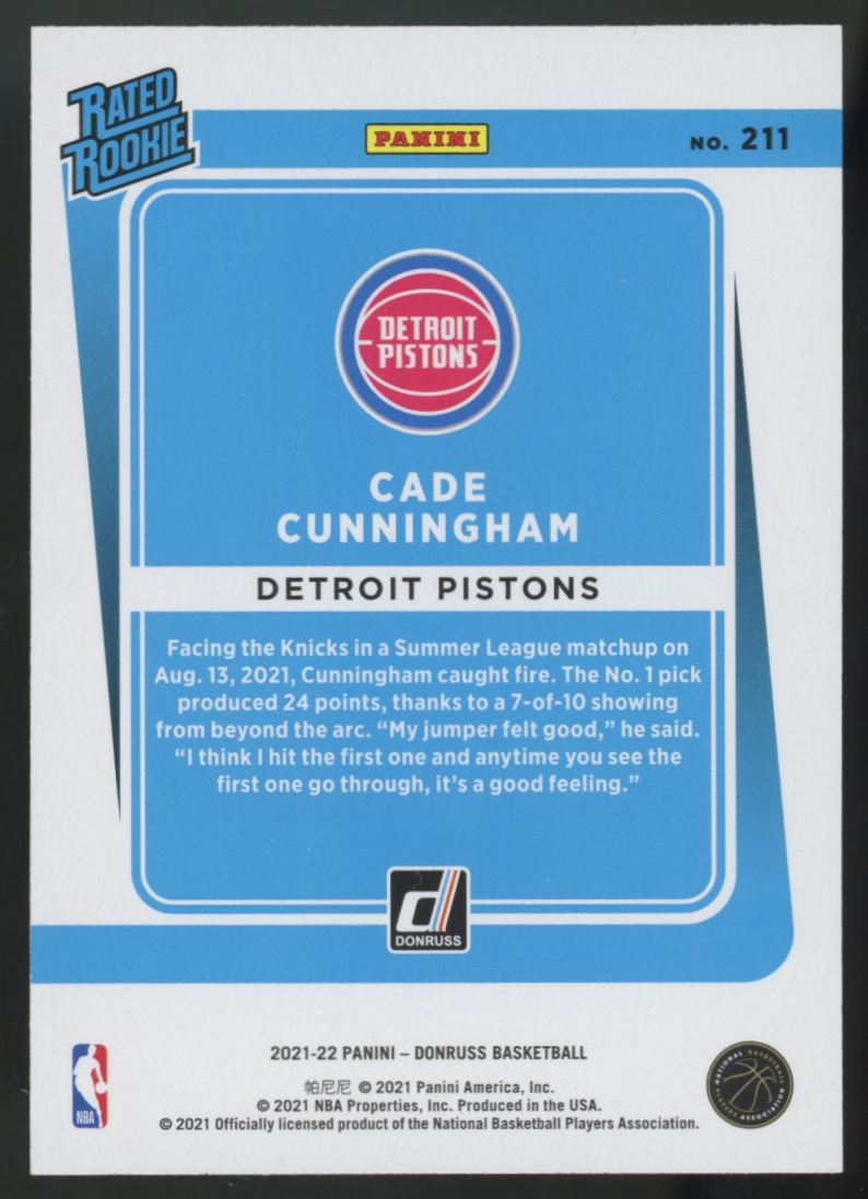 2021-22 Donruss Cade Cunningham RC Rated Rookie Orange Holo Laser #211 "A"
