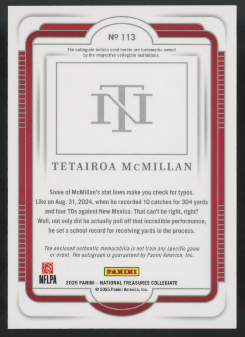 2025 National Treasures Collegiate Tetairoa McMillan RC Patch Auto RPA /39