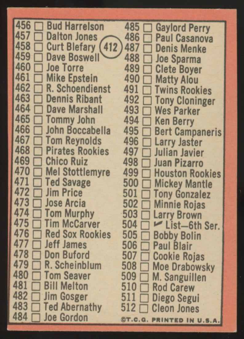 1969 Topps Baseball 5th Series Checklist Mantle #412 EX+