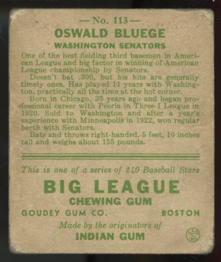 1933 Goudey Oswald Bluege #113 Poor
