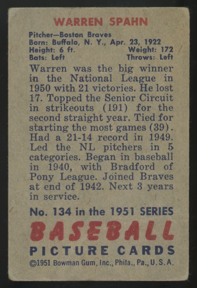 1951 Bowman Warren Spahn Picture Card #134 F/G