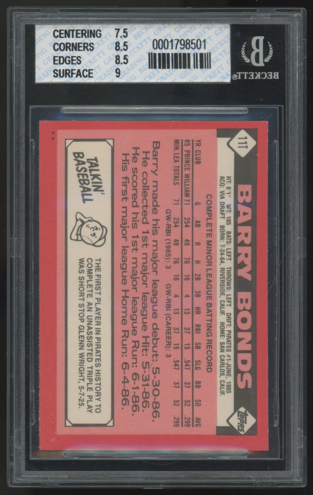 1986 Topps Traded Barry Bonds RC #11T BGS 8 *501