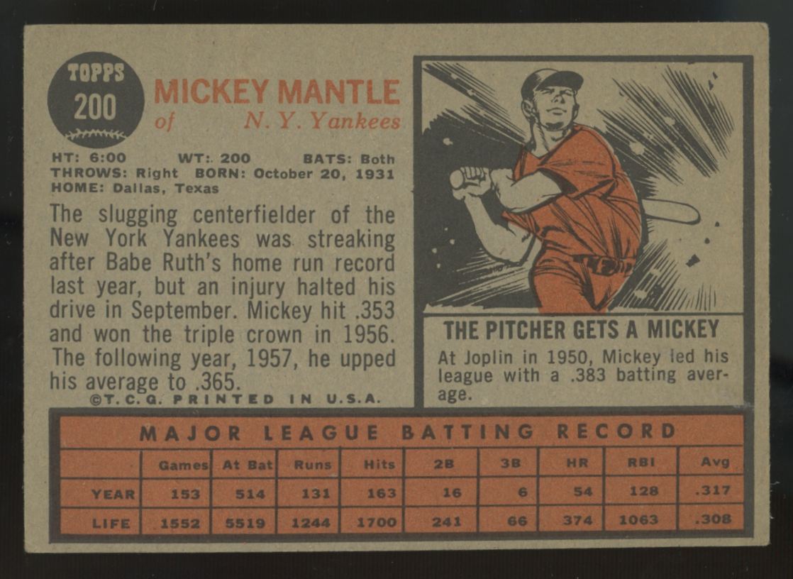 1962 Topps Mickey Mantle #200 VG