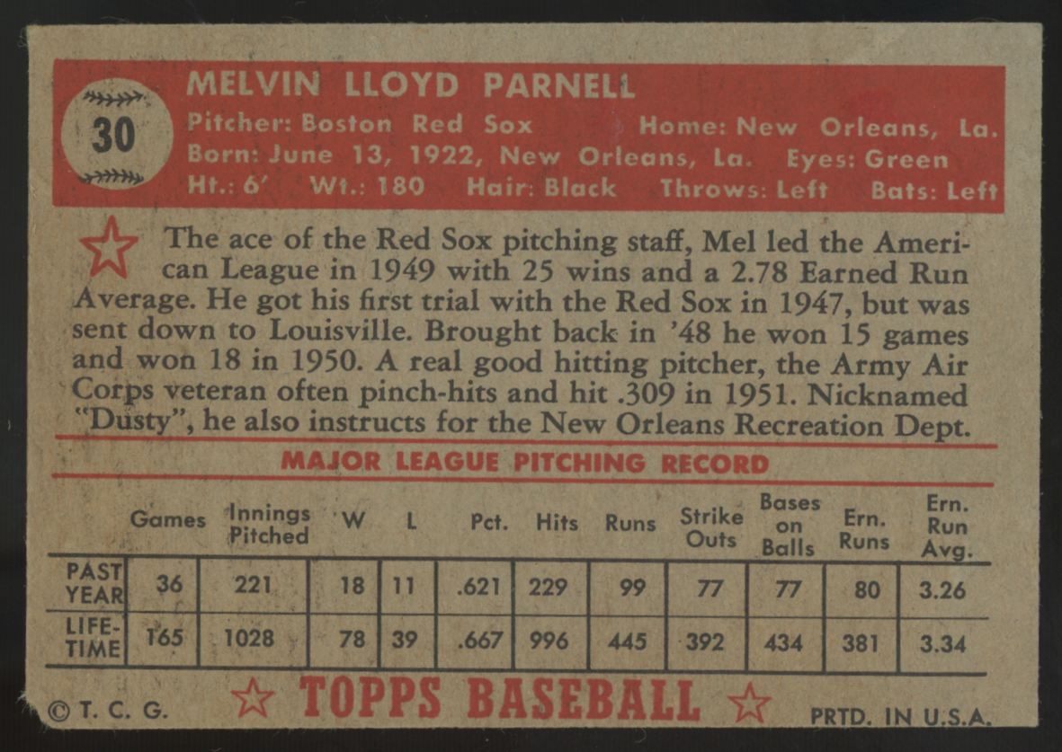 1952 Topps Mel Parnell #30 Good