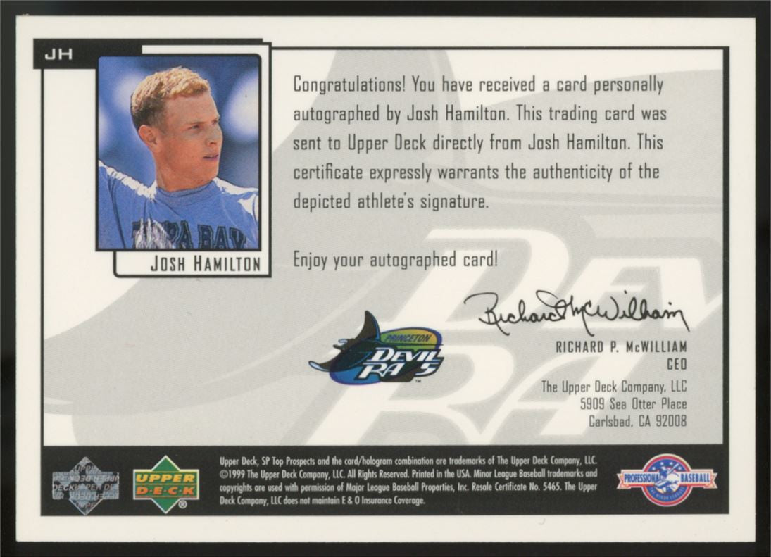 1999 SP Top Prospects Josh Hamilton Chirography Auto #JH "B"