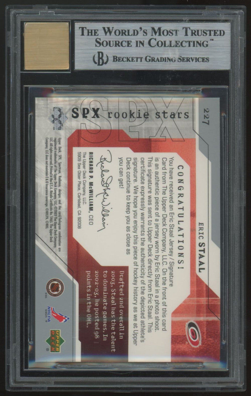 2003-04 Upper Deck SPx Eric Staal RC Patch Auto RPA /500 #227 BGS 9 10