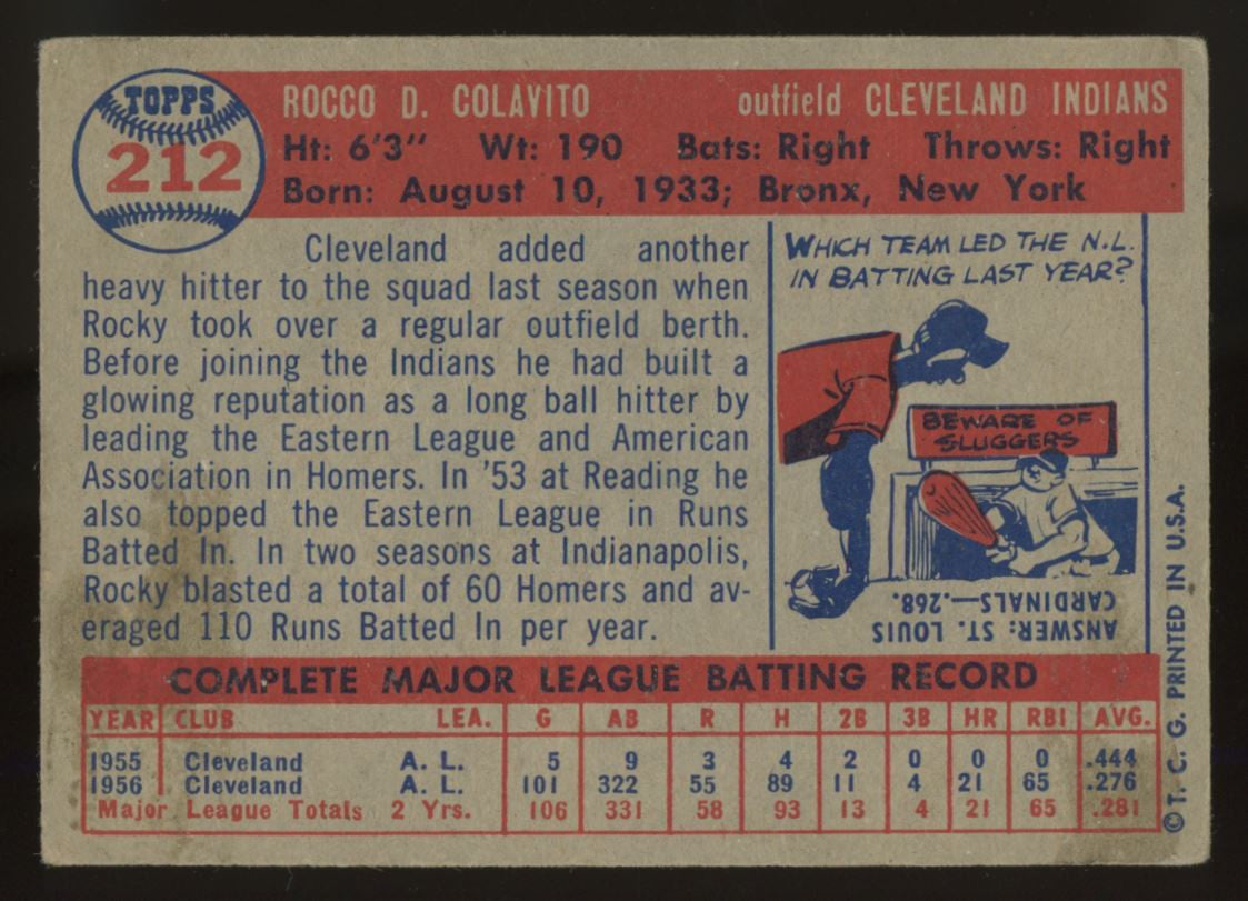 1957 Topps Rocco Rocky Colavito RC #212 VG/EX