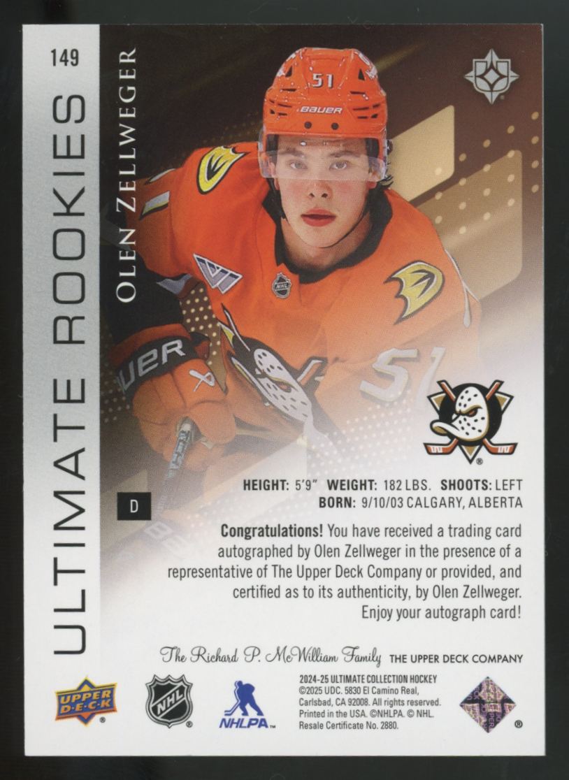 2024-25 Upper Deck Ultimate Olen Zellweger RC Auto /299 #149