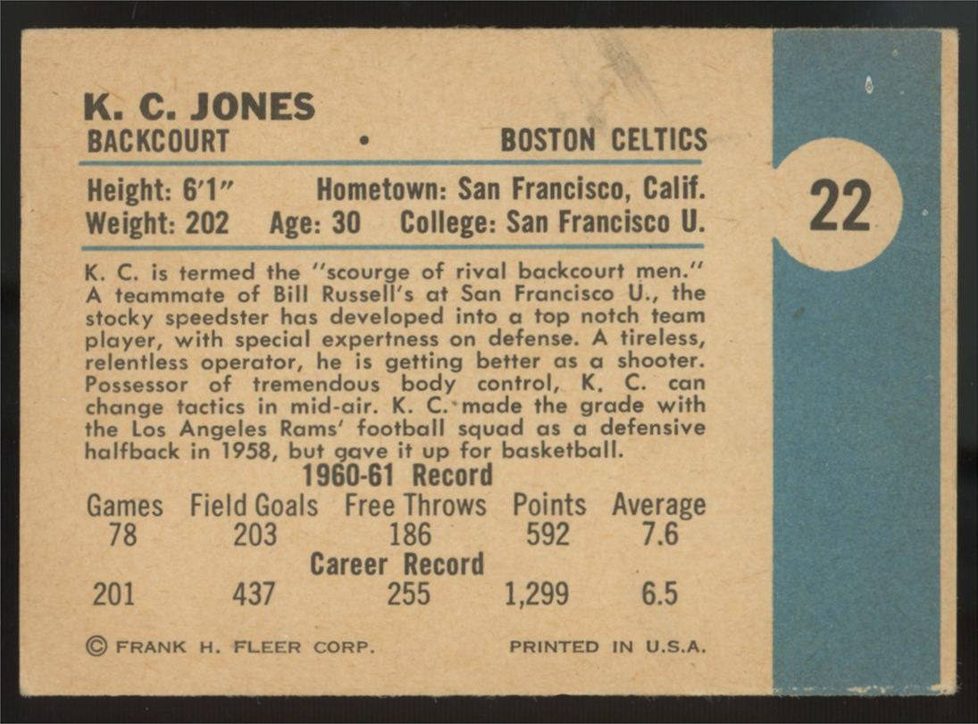 1961-62 Fleer K.C. Jones RC #22  VG-VG/EX