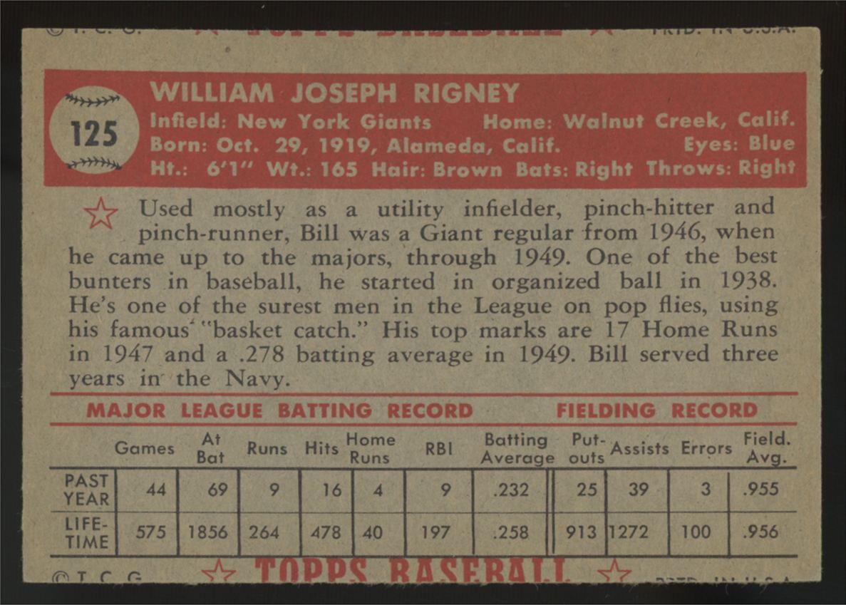 1952 Topps Bill Rigney #125 VG "A"