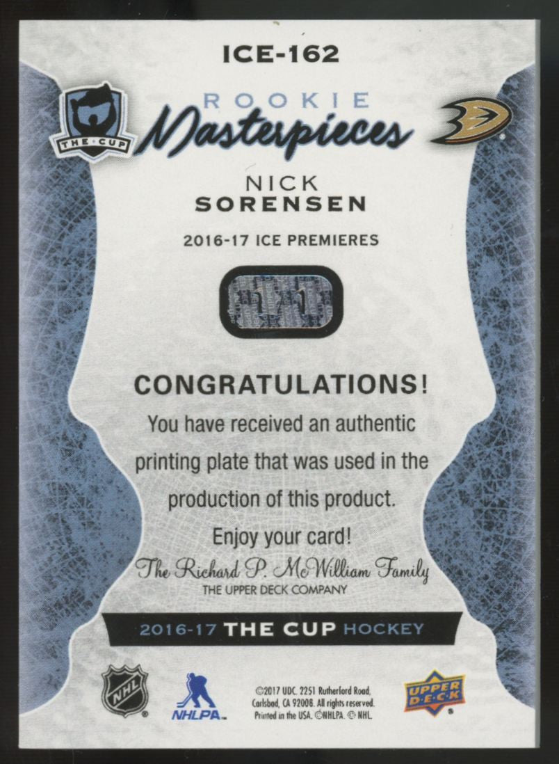 2016-17 UD The Cup Nick Sorensen RC Masterpieces Yellow Printing Plate 1/1