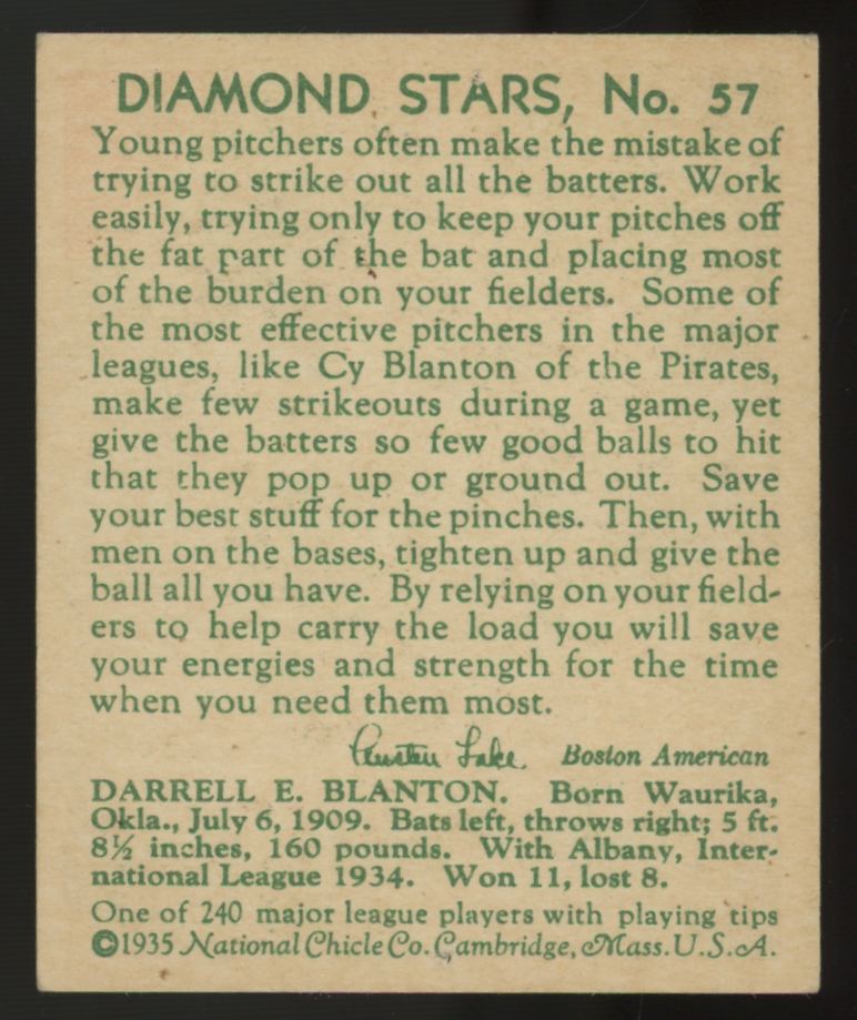 1935 National Chicle "Cy" Clanton Diamond Stars #57 Poor (Pin Holes)