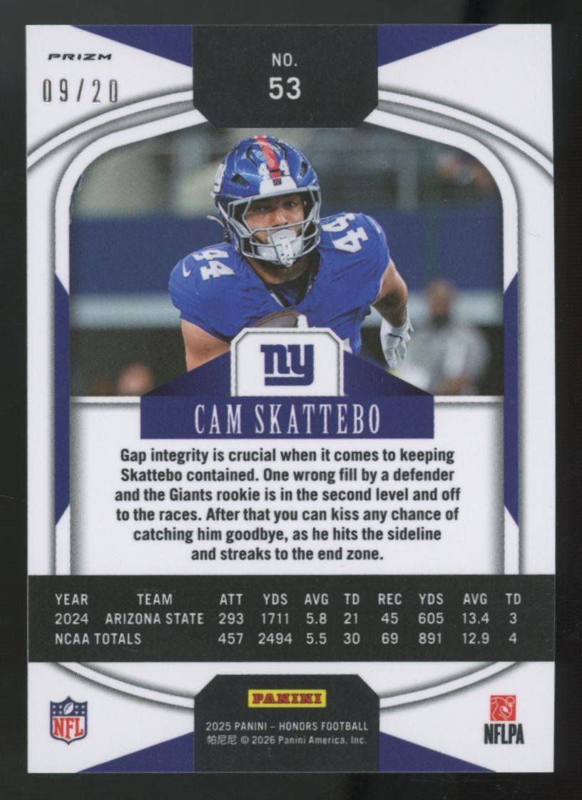 2025 Panini Honors Cam Skattebo RC Orange /20 #53