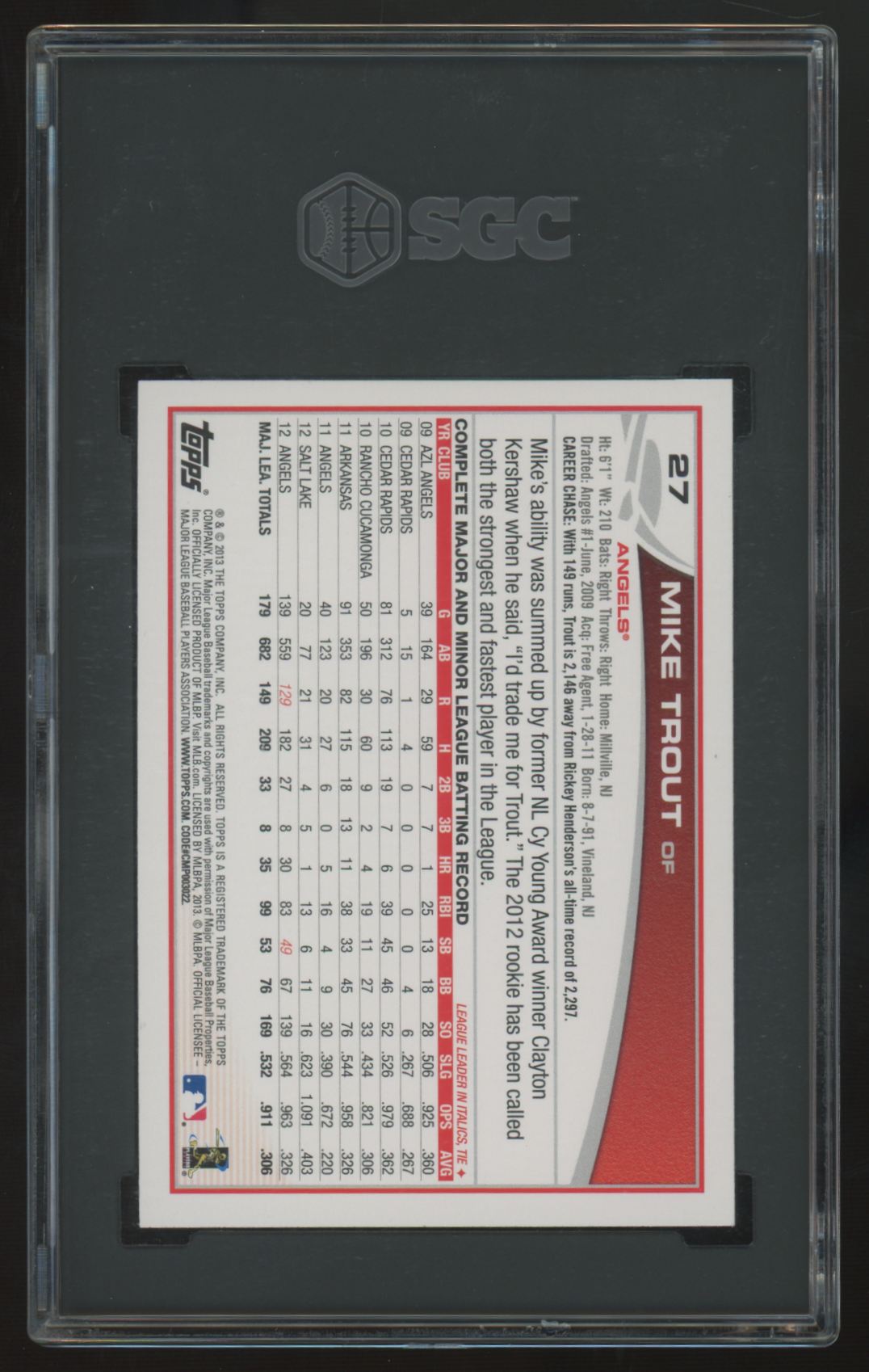 2013 Topps Mike Trout Catching #27 SGC 10