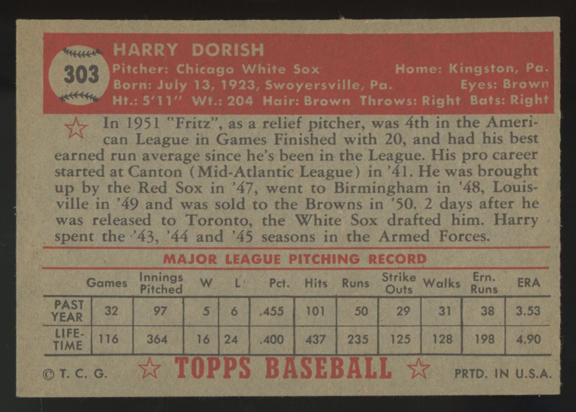1952 Topps Harry Dorish #303 VG/EX-EX "A"