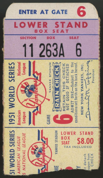 1951 New York Yankees World Series Game 6 Ticket Stub Low Grade
