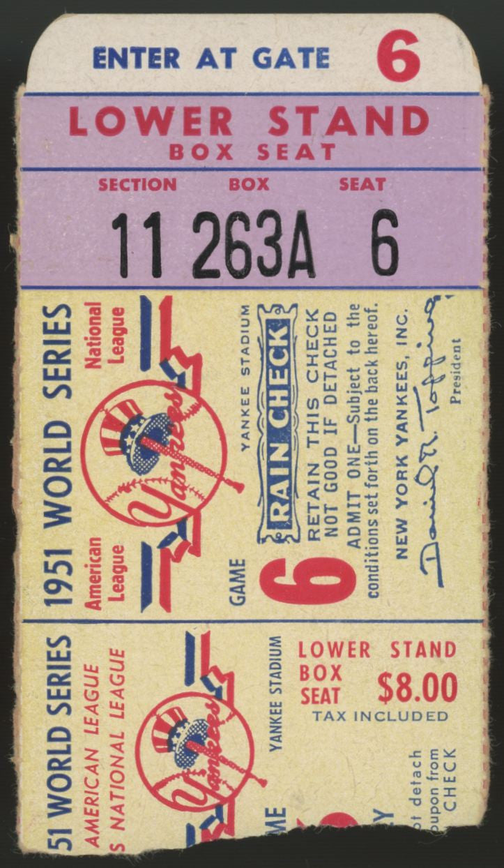 1951 New York Yankees World Series Game 6 Ticket Stub Low Grade