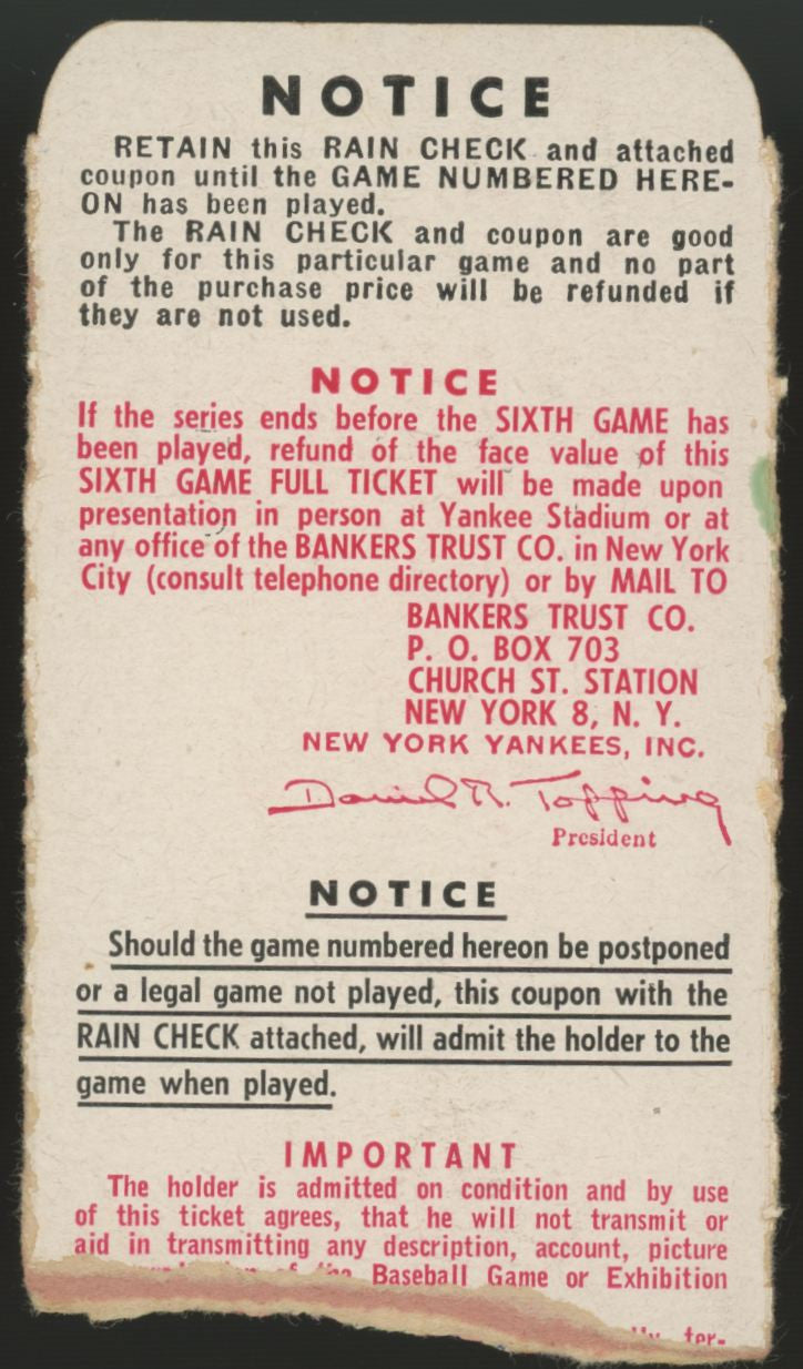 1951 New York Yankees World Series Game 6 Ticket Stub Low Grade
