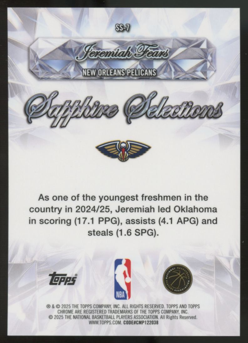 2025-26 Topps Chrome Sapphire Jeremiah Fears RC Sapphire Selections #SS-7