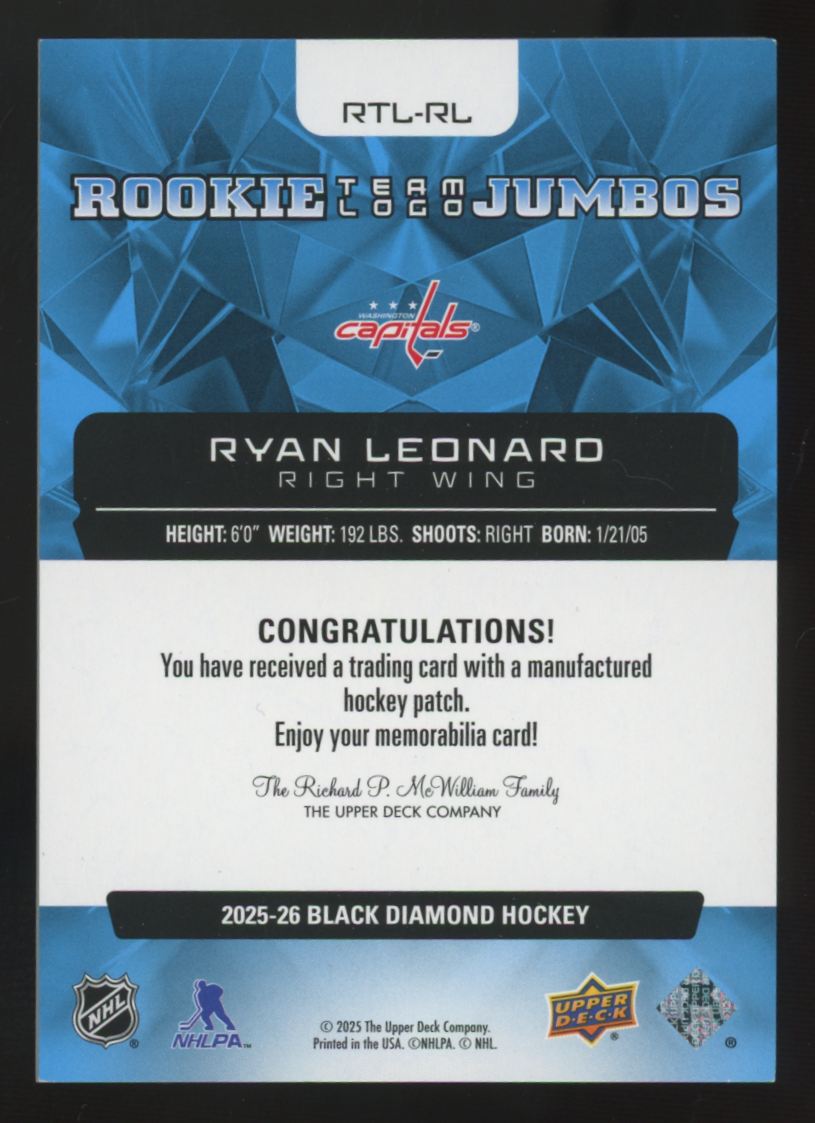 2025-26 UD Black Diamond Ryan Leonard RC Team Logo Jumbo Patch #RTL-RL
