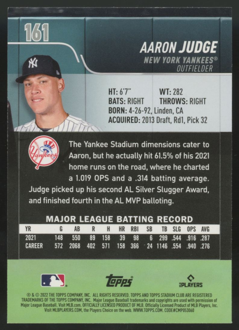 2022 Topps Stadium Club Aaron Judge Black Foil #161