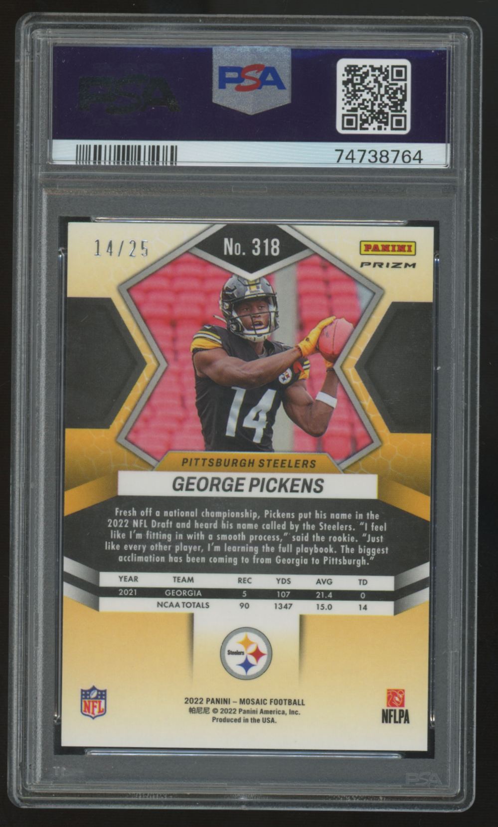 2022 Panini Mosaic George Pickens RC Orange Fluorescent /25 #318 PSA 10