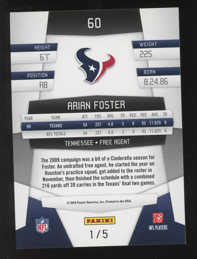 2010 Panini Certified Mirror Emerald #60 Arian Foster #1/5 Houston Texans