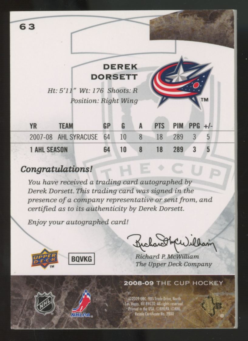 2008-09 Upper Deck The Cup Derek Dorsett RC Auto /199 #63
